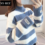 NY-RCE毛衣女2025冬季新款高品質(zhì)高領(lǐng)加厚寬松款秋冬短款潮流百搭針織衫 條紋藍半高領(lǐng) (保暖) 加厚 均碼
