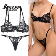 VRSZEE高端品牌內(nèi)衣女火辣性感純欲誘惑文胸套裝蕾絲丁字內(nèi)褲比基尼 黑色+丁字褲 M