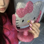 筏芯hello kitty鏡子粘鉆DIY滿(mǎn)鉆豹紋貼鉆鏡旋轉臺式KT化妝鏡鑲鉆創(chuàng  )意 【銀+粉】高級銀色KT貓鏡子 送禮袋款-全套材料