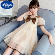 迪士尼（Disney）女童夏裝新款蕾絲公主裙超仙短袖洋氣寬松兒童裙子 米色 160