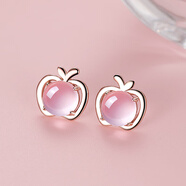 百年老鳳祥999純銀蘋(píng)果耳釘女生粉水晶可愛(ài)甜美耳環(huán)耳飾閨蜜禮物 玫瑰金小蘋(píng)果耳釘