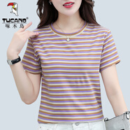 啄木鳥(niǎo)（TUCANO）純棉條紋短袖t恤女夏2025新款寬松顯瘦半袖上衣洋氣時(shí)尚百搭上衣T 紫色 3XL 碼丨建議140-155斤