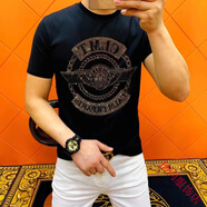 酷奇袋鼠歐洲站夏季新款半袖體恤男潮牌大碼燙鉆印花棉帽子短袖t恤男士 【高品質(zhì)棉】D113-黑色 XL （建議130-145斤）