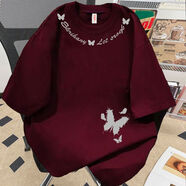 阿瑪瑟100%純棉美式復古潮牌hiphop字母短袖T恤男女夏季寬松慵懶風(fēng)情侶 190克-酒紅 XL 建議125-140斤