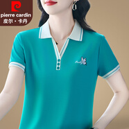 皮爾卡丹品牌冰絲短袖t恤女夏季2025新款女裝夏天寬松翻領(lǐng)polo衫女士半袖 湖綠 XL 【建議重110-120斤】