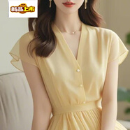 初徑2025新款黃色雪紡連衣裙子女裝夏季輕奢感小個(gè)子今年流行 黃色 M 建議95--104斤