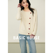 百家好（Basic House）Basic House/百家好撞色圓領(lǐng)斜門(mén)襟開(kāi)衫外套2025女士春季新款毛衣 白色 L