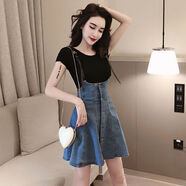XCFREHT夏裝新款背帶裙套裝洋氣減齡時(shí)尚牛仔裙女連衣裙兩件套a字半身裙 黑T+背帶裙 L  107-118斤