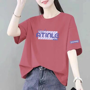 蘇檸檸純棉短袖女裝2025夏季寬松t恤女韓版半袖開叉體恤衫上衣打底衫 磚紅色（AT英文） S 建議70-90斤