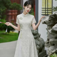 木清清蕾絲旗袍年輕款少女日常夏季文藝民國(guó)風(fēng)高端繡花收腰奧戴連衣裙子 米白色 M