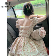 春乏2025新款蓬蓬裙法式泡泡袖公主裙露背收腰顯瘦小個子碎花連衣裙子 碎花鏤空蓬蓬裙 M 建議90-100斤