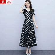 皮爾卡丹（pierre cardin）2025法式黑白波點(diǎn)連衣裙女夏雪紡高級感氣質(zhì)大號胖MM大擺圓點(diǎn)長裙 黑色 M 【建議105斤內(nèi)】