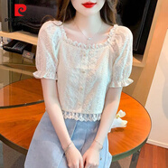 皮爾卡丹（PIERRE CARDIN）方領(lǐng)泡泡袖短款雪紡衫女夏2025夏季新款休閑百搭減齡女士上衣小衫 杏色 XL [116-130斤]