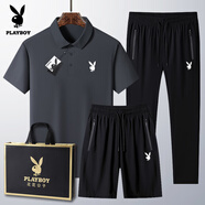 花花公子（PLAYBOY）爸爸夏季套裝男士冰絲短袖t恤中老年夏裝40-60歲父親衣服 828#深灰【三件套】 L (穿105-120斤)