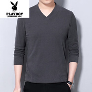 花花公子（PLAYBOY）男仕西裝打底衫雙面絨長袖T恤純色內搭西服內襯商務紳士體恤小衫 8619灰色 M