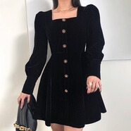 FHHUABD大碼胖mm法式長袖連衣裙女春秋冬季新款收腰內(nèi)搭打底金絲絨短裙子 黑色 L 建議【100-115斤】