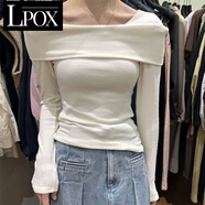 LPOX欲辣妹修身露肩一字領(lǐng)小心機秋冬新款長(cháng)袖打底衫T恤女上衣 白色-軟糯德絨 S 90斤內