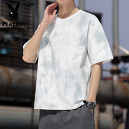 花花公子（PLAYBOY）袖t恤男夏季2025年感扎染短美式圓領(lǐng)五分袖寬松休閑百搭體恤T 淺蘭色 XL 約130-150斤可穿