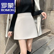 羅蒙（ROMON）毛半身裙女2023秋冬新款防走光短裙復古高腰格子A字包臀裙子女 杏色 S