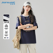 真維斯（JEANSWEST）條杠短袖T恤女春夏新款二條杠插肩美式純棉寬松撞色T恤女