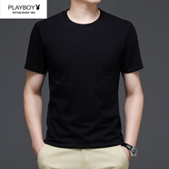 花花公子（PLAYBOY）男士純棉T恤男短袖夏季中青年男裝圓領(lǐng)半袖上衣體恤衫 黑色(純色) HQ201 M 適合100-120斤穿