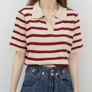 登森奧奧條紋領(lǐng)短袖t恤女夏季設計感小眾寬松顯瘦減齡上衣 紅色條紋 L 建議105-120斤