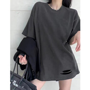 AJLAJK搭配芭比褲的上衣蒓灰色大版t恤裙女寬松短袖中長(cháng)款半袖遮屁股蒓 灰色-色 M 80-105斤