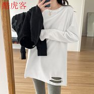 酷虎客 配鯊魚褲的上衣早秋開叉白色長袖t恤棉衛(wèi)衣中長款打底衫女內(nèi)搭遮 白色-破洞 S 適合160/80-100斤