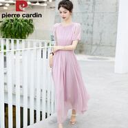 皮爾卡丹（pierre cardin）雪紡連衣裙女2025夏季新款小個(gè)子氣質(zhì)圓領(lǐng)長裙溫柔風(fēng)連身裙 粉色 M 100 以內(nèi)