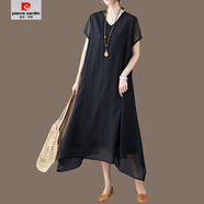 皮爾卡丹（pierre cardin）2025春季女裝新款氣質(zhì)胖mm裙子女夏裝春秋寬松大碼白色雪紡連衣裙 黑色V領(lǐng)短袖 XS 130斤以下
