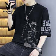 花花公子（PLAYBOY）七分袖t恤男夏季新款青少年潮流寬松中袖體恤男裝帥氣圓領(lǐng)短袖T恤 F280黑色 2XL