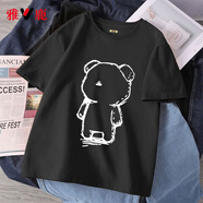 雅鹿短袖t恤男純棉夏季國潮休閑圓領(lǐng)半袖體恤青少年男士寬松印花T恤男 黑/守望小熊 3XL （重175-190斤高175-180）