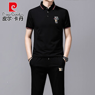皮爾卡丹輕奢高檔品牌男裝 輕奢短袖T恤套裝歐貨刺繡純棉polo保羅衫薄款運(yùn)動(dòng)休閑兩件套針織 536黑色套裝 180碼