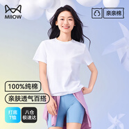 貓人（MiiOW）【100%純棉】女士圓領(lǐng)T恤寬松春夏薄款百搭運動(dòng)休閑小白T打底衣