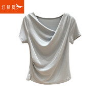 紅蜻蜓（RED DRAGONFLY）韓系溫柔風(fēng)不規則褶皺蕩領(lǐng)短袖T恤女氣質(zhì)百搭多種穿法小心機上衣 1689#淺藍色 XL