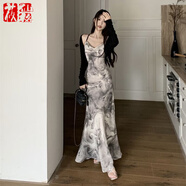 莜仙格國風(fēng)新中式水墨畫扎染連衣裙女夏露背掛脖吊帶裙子配開衫兩件套裝 黑色針織外套 L 【建議108-118斤】