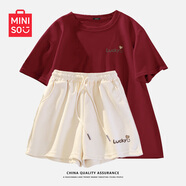名創(chuàng  )優(yōu)品（MINISO）運動(dòng)套裝女夏季2025年新款純棉短袖小個(gè)子休閑夏裝搭配一整套女裝 酒紅+奶白(幸運愛(ài)心) XL (體重130-150斤)
