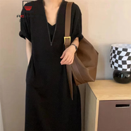 AEMAPE2025年短袖長款連衣裙女夏季新款寬松休閑中長款時尚氣質(zhì)長裙子 黑色 L (105-115斤拍)