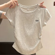 麓格立短袖女蝴蝶結(jié)刺繡正肩短袖t恤女夏褶皺修身灰色短款小飛袖上衣 麻灰色蝴蝶結(jié)刺繡短袖 L 【建議96-106斤】