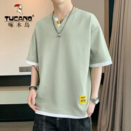 啄木鳥（TUCANO）假兩件短袖t恤男夏季V領(lǐng)五分半袖男潮牌寬松上衣青少年小眾體恤衫 TC3153淺綠 M (約90~100斤可穿)