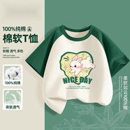 KUCLUT小女孩純棉短袖t恤衣服2025新款童裝夏裝女童洋氣卡通拼色上衣潮 跳躍兔綠白 110 cm
