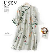 LISCN復古國風(fēng)苧麻印花五分袖連衣裙女夏季寬松大i碼斜襟盤(pán)扣棉麻中裙 圖片色 L 115-130斤