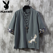 花花公子中國風(fēng)男士短袖t恤亞麻五分袖盤(pán)扣上衣潮牌寬松半袖唐裝棉麻體恤 煙灰藍 XL 135-155斤