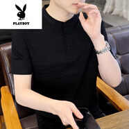 花花公子（PLAYBOY）立領(lǐng)短袖t恤男士2024新款夏季潮流純色男冰絲薄款體恤T 黑色 2XL 145-160斤