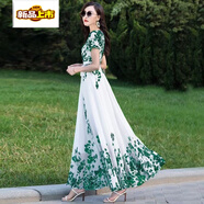 初徑2025新款2025年水墨畫(huà)雪紡連衣裙女夏季超仙氣質(zhì)沙灘裙到腳踝超長(cháng) 水墨綠短袖【配腰帶】 4XL 140-150斤