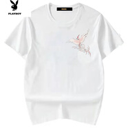 花花公子2025新款短袖t恤男繡花鳳凰中國風(fēng)圓領(lǐng)體恤國潮刺繡大碼班服 白色 M