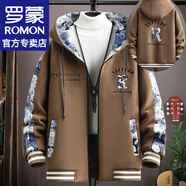 羅蒙（ROMON）國(guó)風(fēng)刺繡加絨夾克男士秋冬季加厚棉衣連帽外套青少年羽休閑服男裝 2307咖色 加絨 XL （約130-150斤可穿）