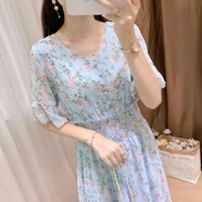 榮西圖新款韓版雪紡碎花連衣裙大碼女學(xué)生夏 藍(lán)色 M