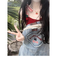 現寶蓮櫻桃天菜設計感牛仔背帶褲女春夏可愛(ài)減齡韓版寬松直筒連體褲 藍色 當日發(fā) XS