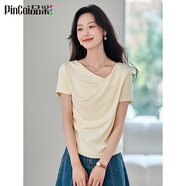 品彩（PinCai）短袖T恤女法式甜美V領蕩領褶皺設計感上衣收腰顯瘦T恤小衫P52T055